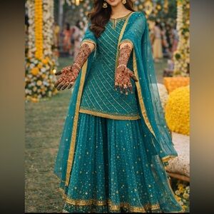 Unused Elegant Teal sequins Embellished lehenga set